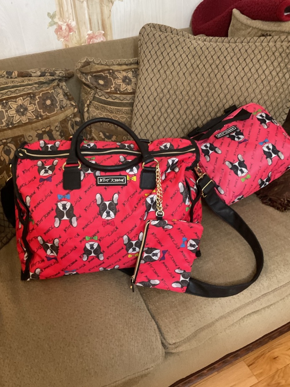 Pink French Bulldog Print Travel Tote Bag with Matching Pouch